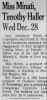 Newspaper Clipping; The Buffalo News, Buffalo, 8 Nov 1968, Pg 12 - Miss Minati, Timothy Haller Wed Dec. 28